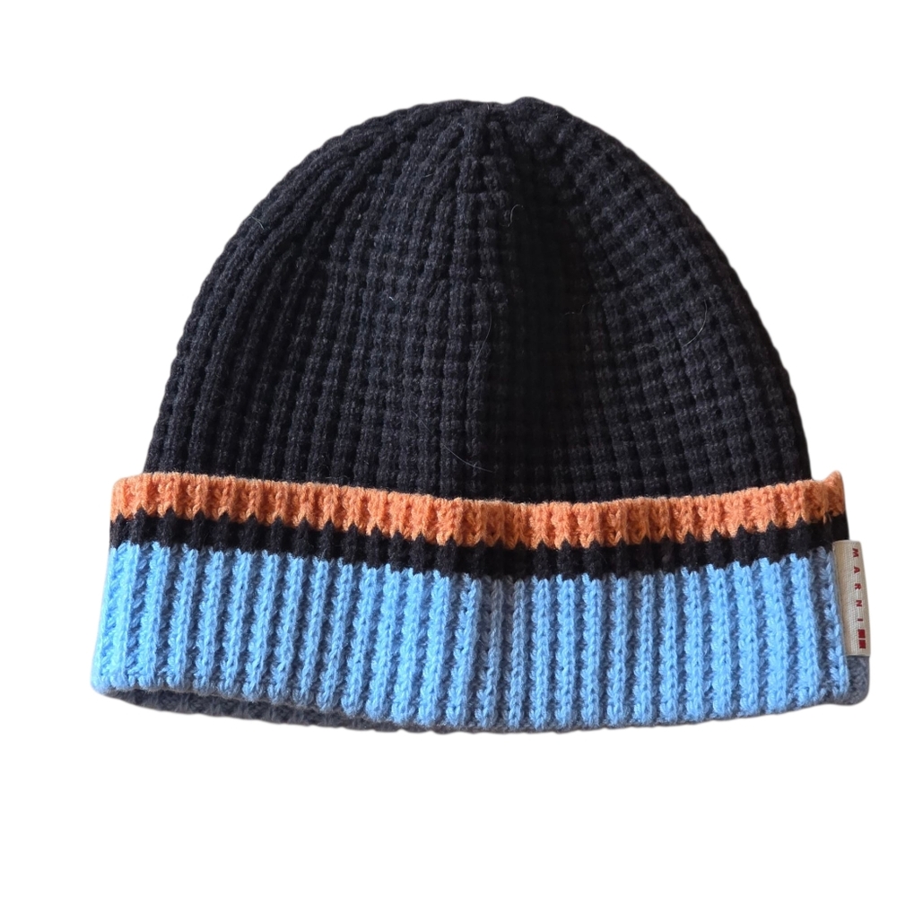 Uniqlo Marni Popcorn Beanie Knit Hat Brown Blue Orange Stripes Wool Blend OS EUC